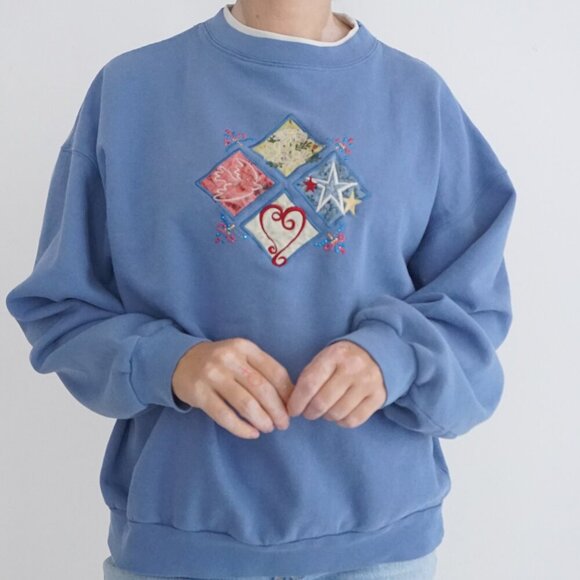 Vintage M&C Sportswear Blue w Daisy Dove Heart Star Crewneck Sweater Xl - Picture 2 of 11